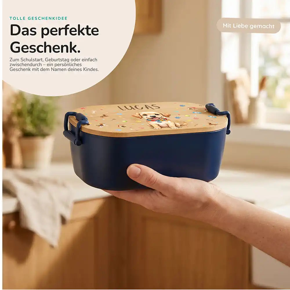 Brotdose Kinder personalisiert Hundewelpe, Geschenk zum Schulstart mit Wunschname