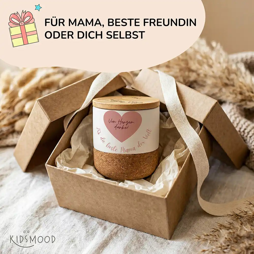Duftkerze Vanille Keramik Von Herzen Danke – Flatlay mit Lieferumfang
