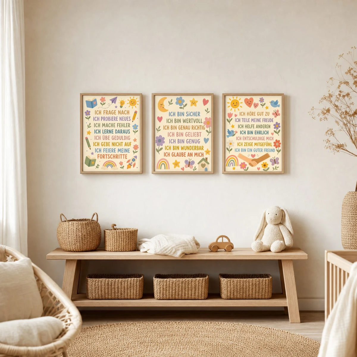 Kinderzimmer Deko: Affirmationsposter „Blumenwiese Ich bin sicher“ zusammen mit weiteren Motiven an der Wand
