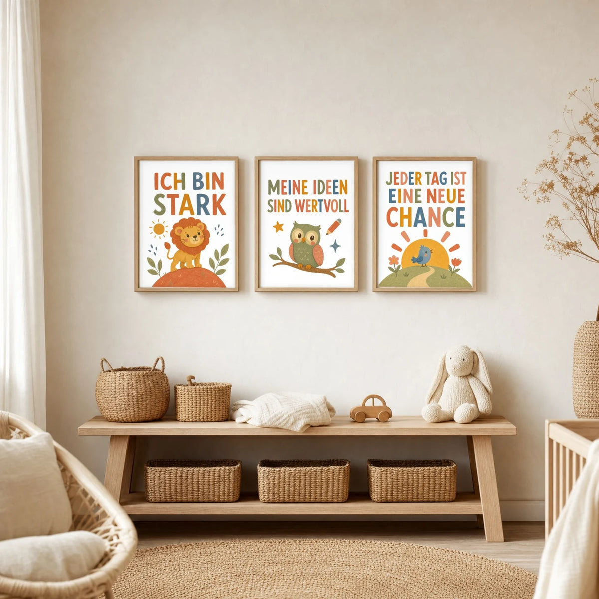 Kinderzimmer Deko: Affirmationsposter „Eule Meine Ideen sind wertvoll“ zusammen mit weiteren Motiven an der Wand