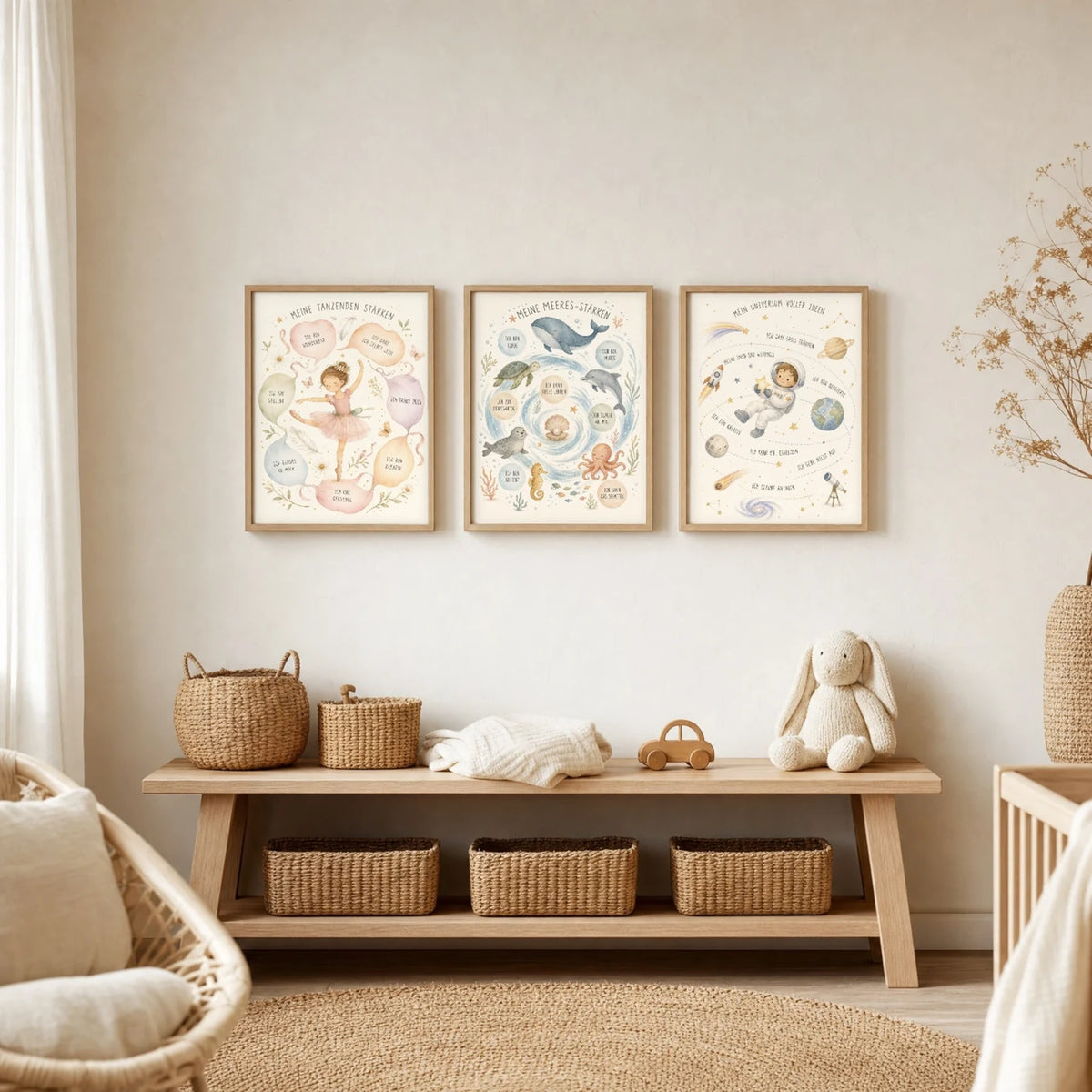 Kinderzimmer Deko: Affirmationsposter „Meeres-Stärken“ zusammen mit weiteren Motiven an der Wand