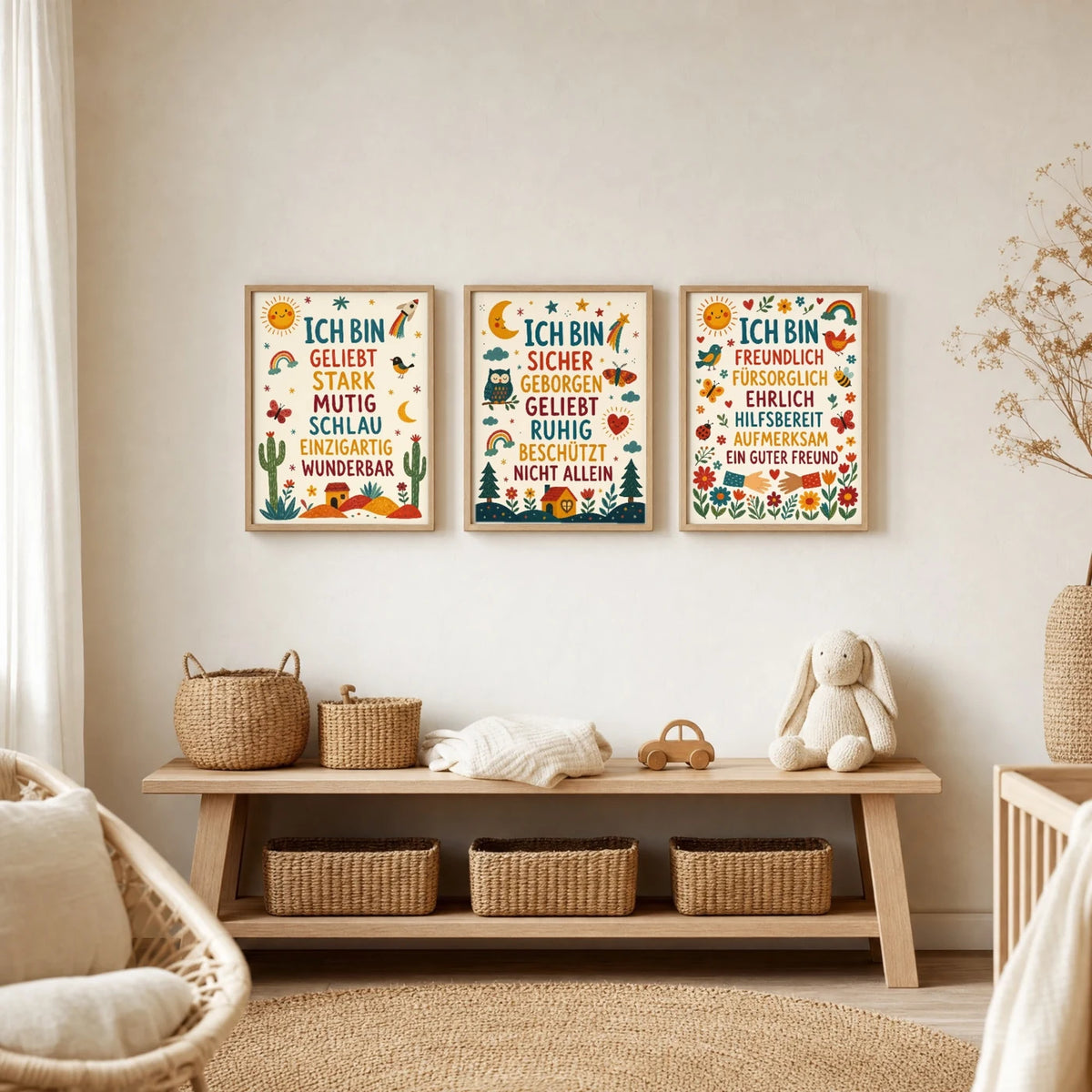 Kinderzimmer Deko: Affirmationsposter „Nachthimmel Ich bin sicher“ zusammen mit weiteren Motiven an der Wand