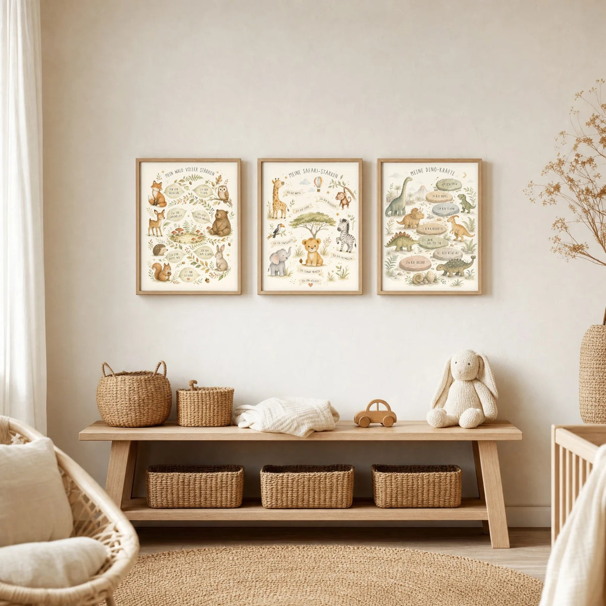 Kinderzimmer Deko: Affirmationsposter „Safari-Stärken“ zusammen mit weiteren Motiven an der Wand