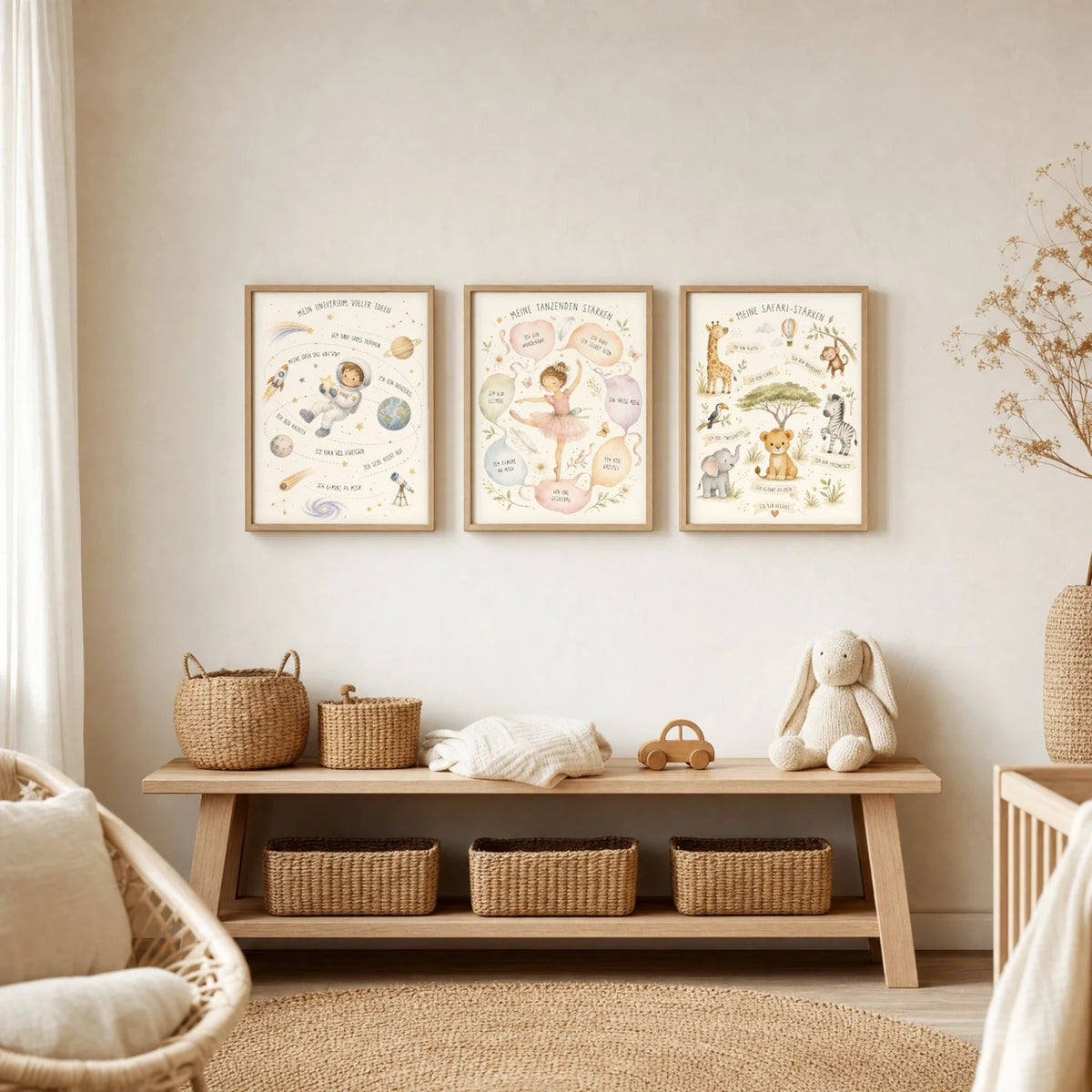 Kinderzimmer Deko: Affirmationsposter „Tanzende Stärken“ zusammen mit weiteren Motiven an der Wand