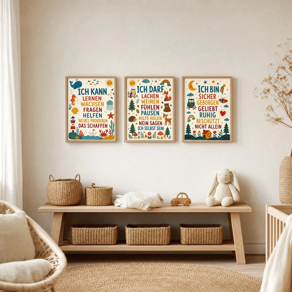 Kinderzimmer Deko: Affirmationsposter „Wald Ich darf lachen“ zusammen mit weiteren Motiven an der Wand