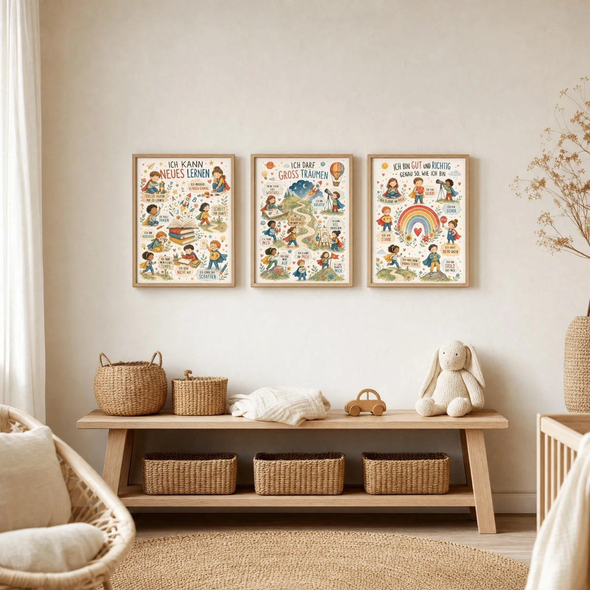 Kinderzimmer Deko: Affirmationsposter „Wimmelbild Groß träumen“ zusammen mit weiteren Motiven an der Wand