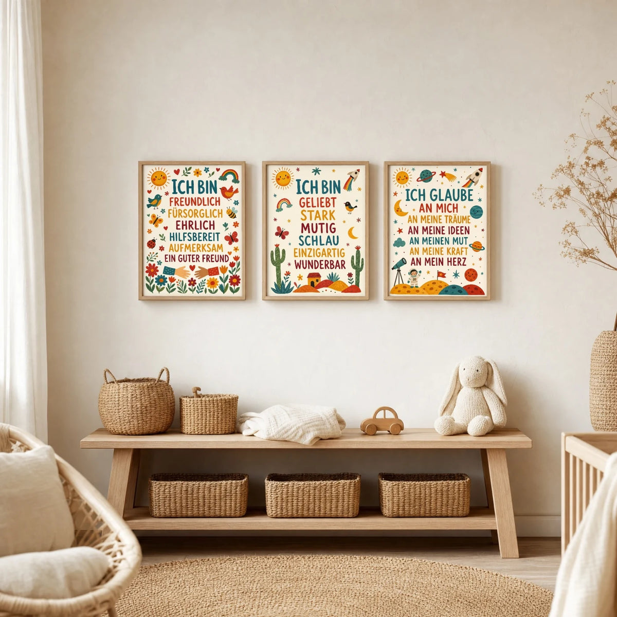 Kinderzimmer Deko: Affirmationsposter „Wüste Ich bin geliebt“ zusammen mit weiteren Motiven an der Wand
