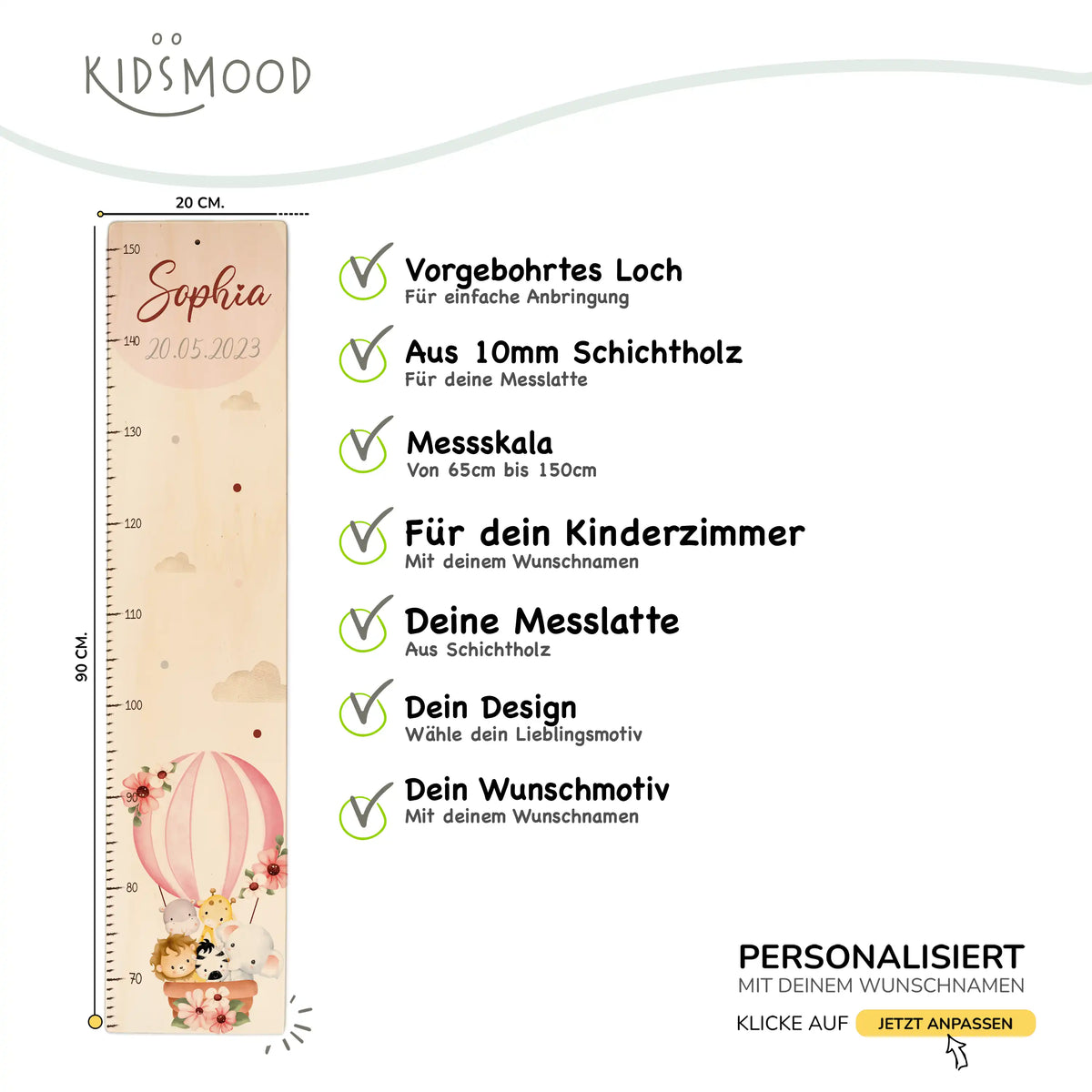 Messlatte Kinder Holz & Aluverbund - Tierfreunde & Ballon