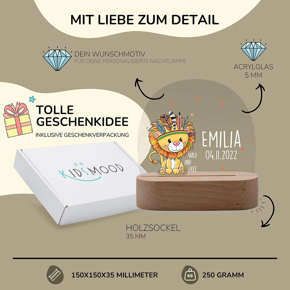 Nachtlicht Löwe personalisiert – 150 × 150 × 35 mm, 5 mm Acrylglas, Holzsockel, mit Geschenkverpackung