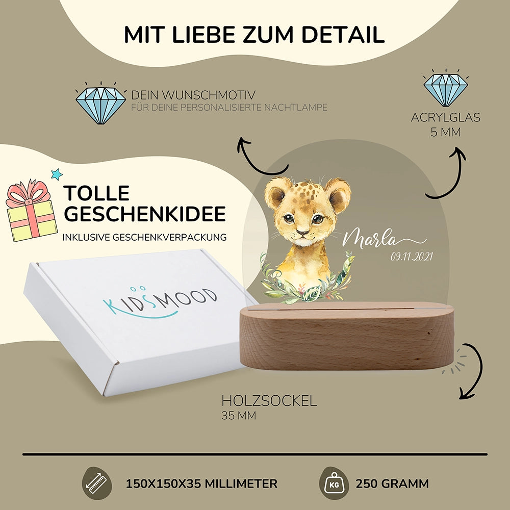 Nachtlicht personalisiert – 150 × 150 × 35 mm, 5 mm Acrylglas, Holzsockel, mit Geschenkverpackung