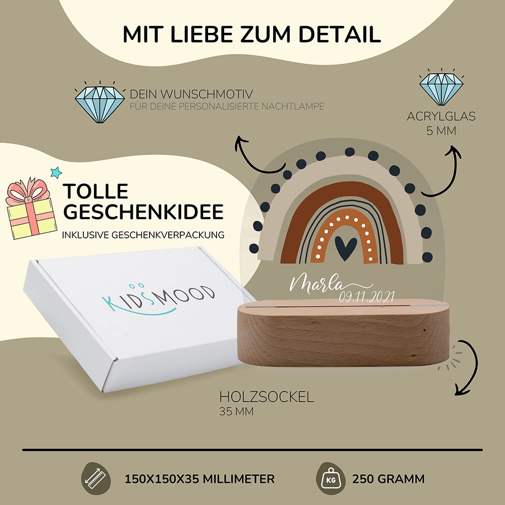 Nachtlicht Regenbogen personalisiert – 150 × 150 × 35 mm, 5 mm Acrylglas, Holzsockel, mit Geschenkverpackung