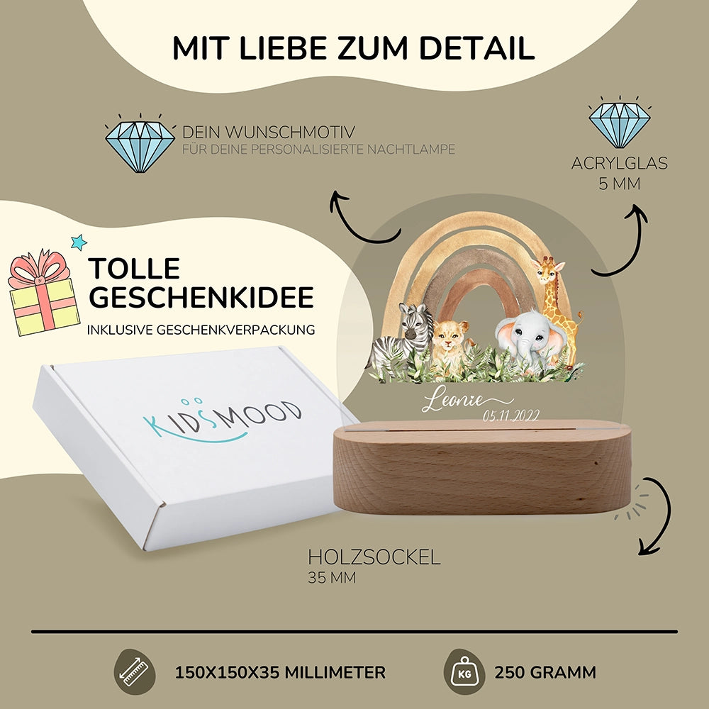 Nachtlicht Regenbogen personalisiert – 150 × 150 × 35 mm, 5 mm Acrylglas, Holzsockel, mit Geschenkverpackung