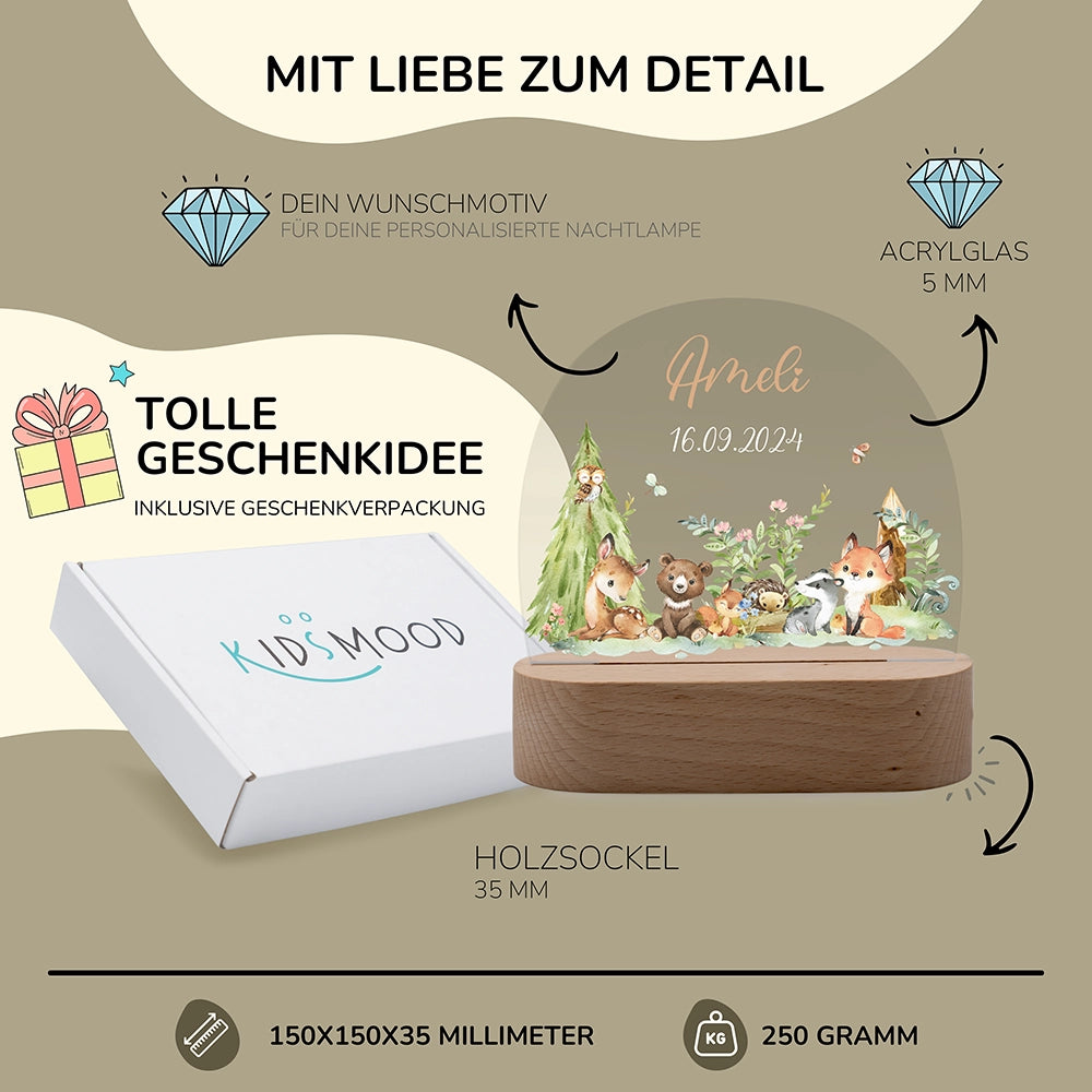 Nachtlicht Waldtiere personalisiert – 150 × 150 × 35 mm, 5 mm Acrylglas, Holzsockel, mit Geschenkverpackung