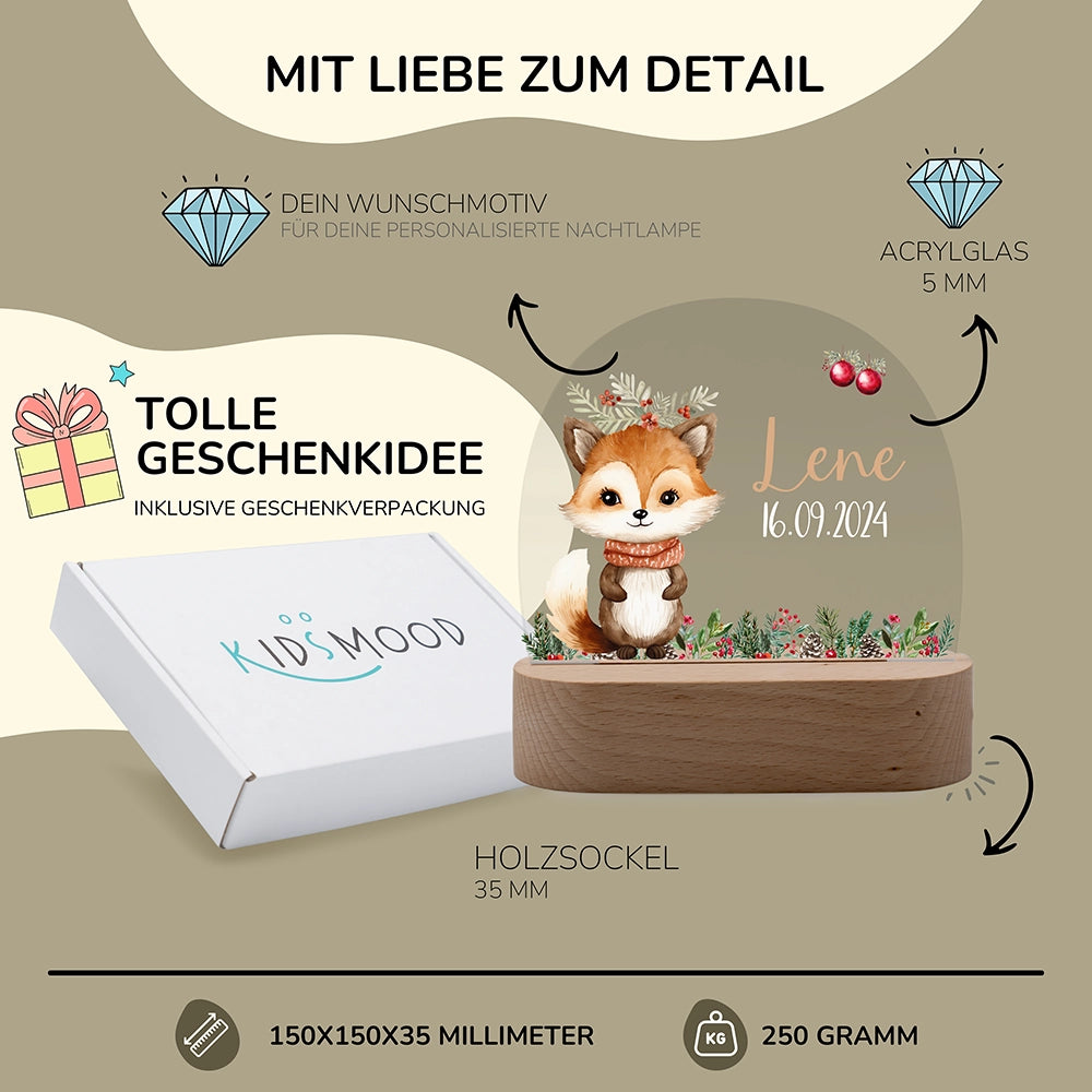 Nachtlicht Fuchs personalisiert – 150 × 150 × 35 mm, 5 mm Acrylglas, Holzsockel, mit Geschenkverpackung
