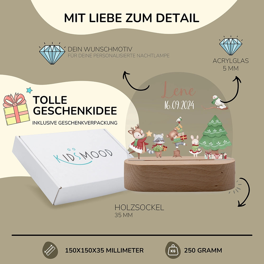 Nachtlicht Weihnachten personalisiert – 150 × 150 × 35 mm, 5 mm Acrylglas, Holzsockel, mit Geschenkverpackung