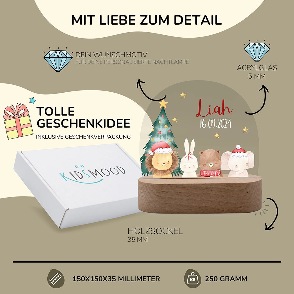 Nachtlicht Weihnachten personalisiert – 150 × 150 × 35 mm, 5 mm Acrylglas, Holzsockel, mit Geschenkverpackung
