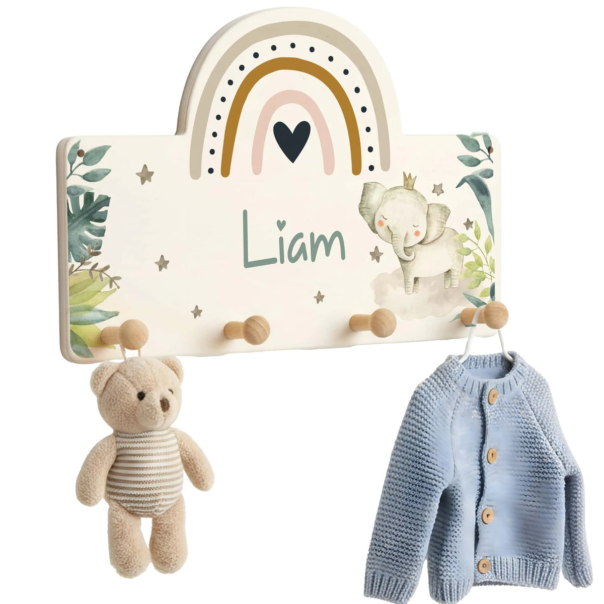 Kindergarderobe Holz personalisiert - Elefant