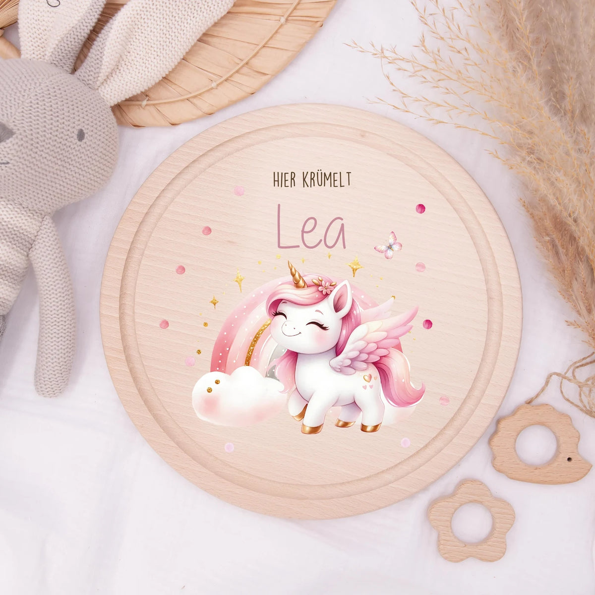Rundes personalisiertes Frühstücksbrettchen Einhorn mit Namen für Kinder