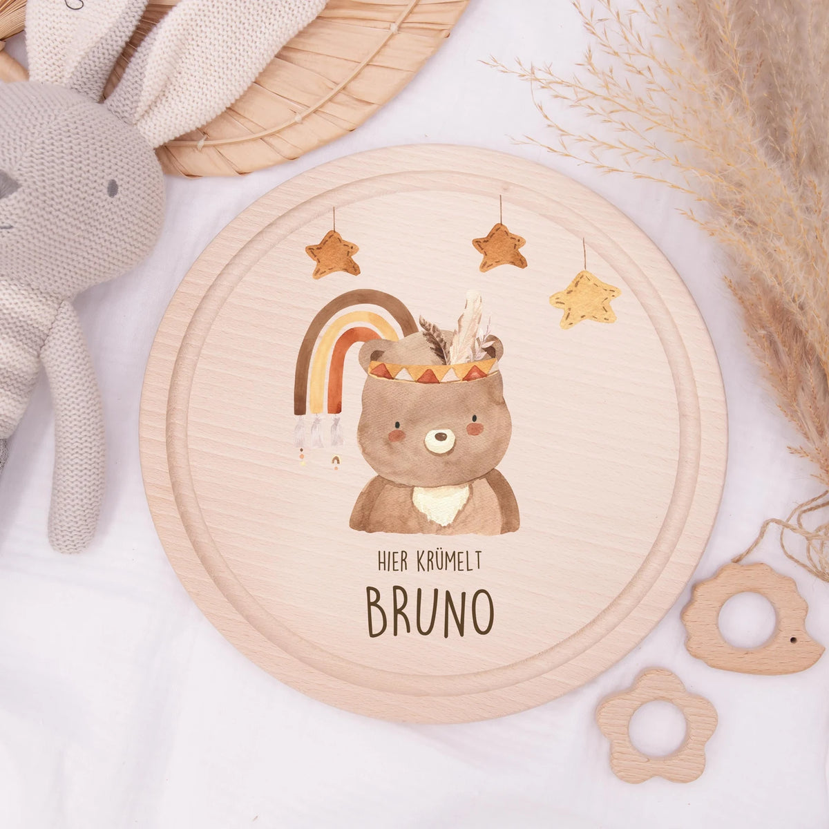 Rundes personalisiertes Frühstücksbrettchen Boho Bär mit Namen für Kinder