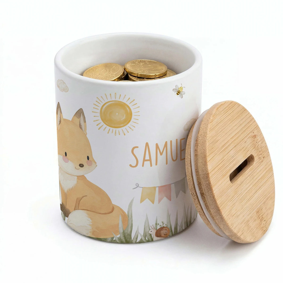 Personalisierte Spardose Fuchs Sommer – Keramik & Bambus mit Wunschname
