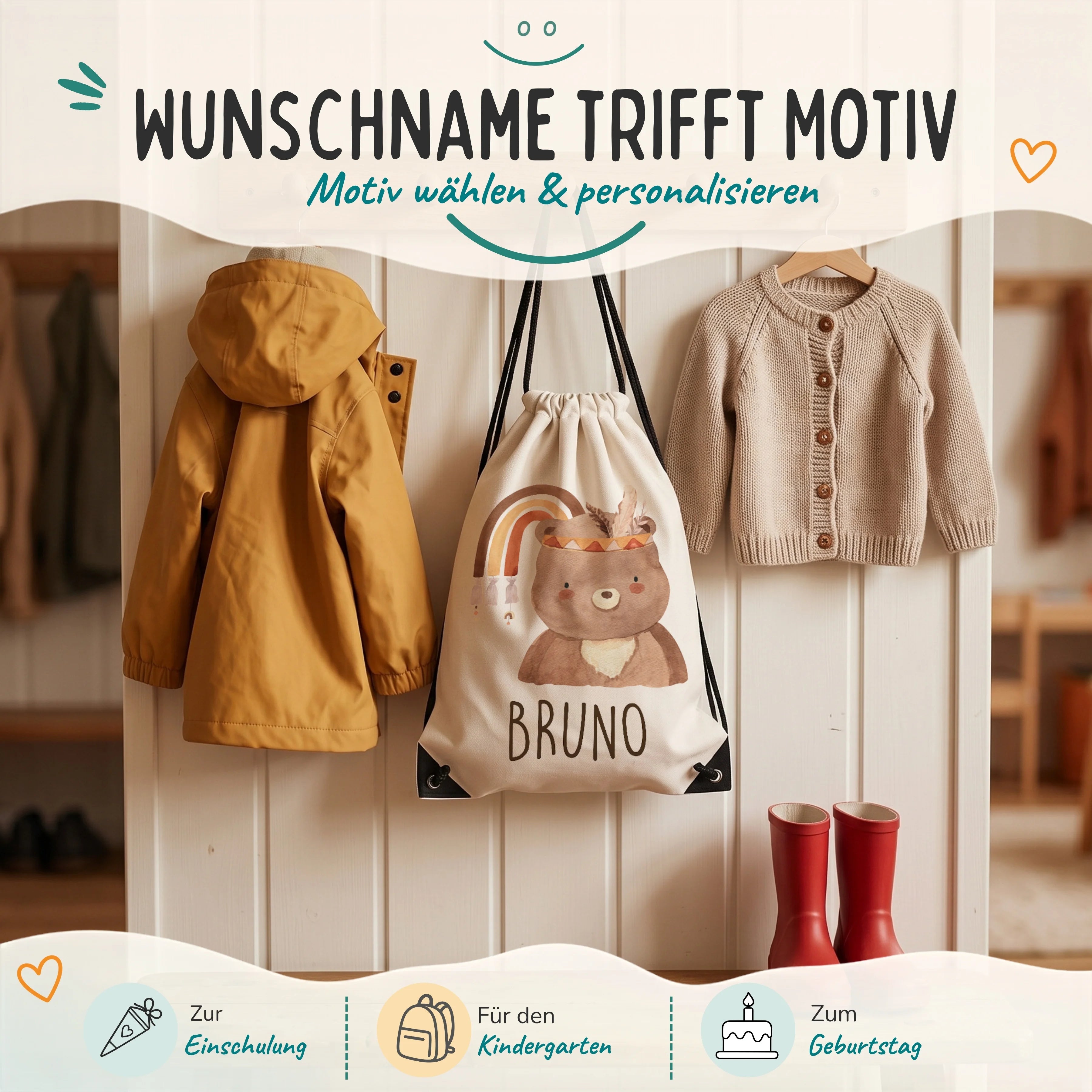 Personalisierter Turnbeutel Bär mit Regenbogen, Geschenk zur Einschulung, zum Kindergarten und zum Geburtstag