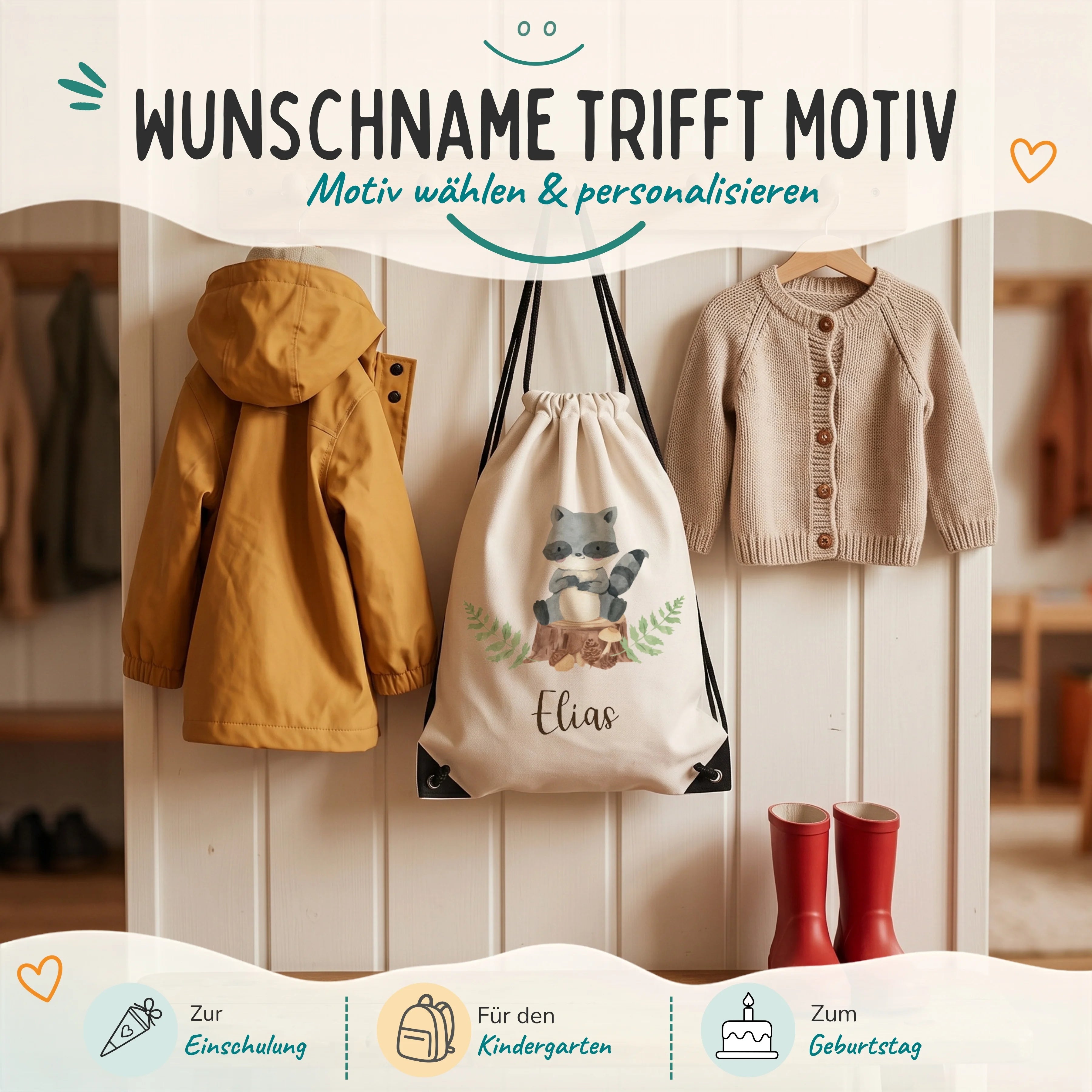 Personalisierter Turnbeutel Waschbär, Geschenk zur Einschulung, zum Kindergarten und zum Geburtstag