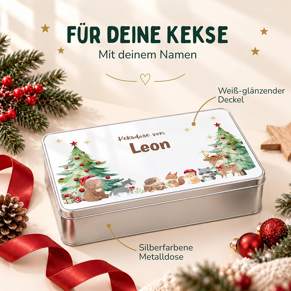 Keksdose aus Metall personalisiert - Weihnachtliche Waldtiere