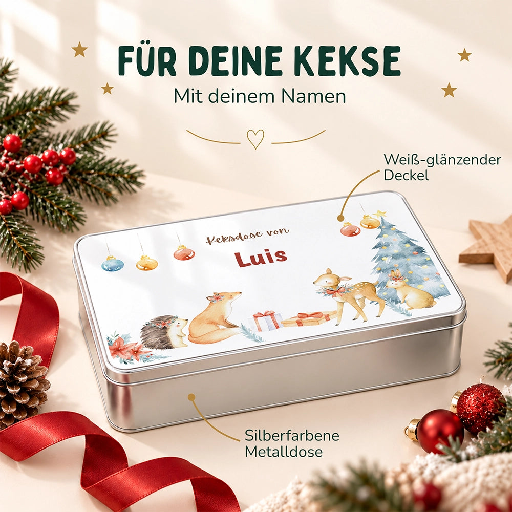Keksdose aus Metall personalisiert - Festliche Waldfreunde
