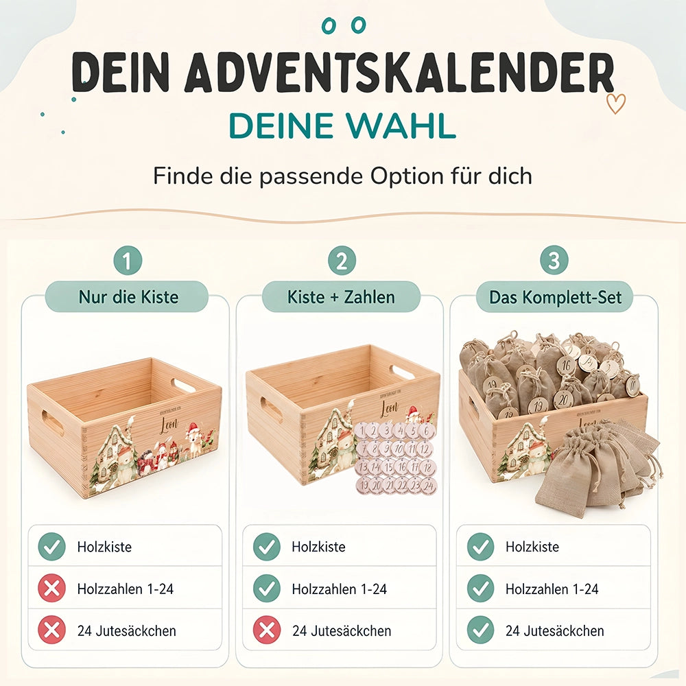 Adventskalender zum Befüllen "Winterdorf mit Tieren" personalisiert