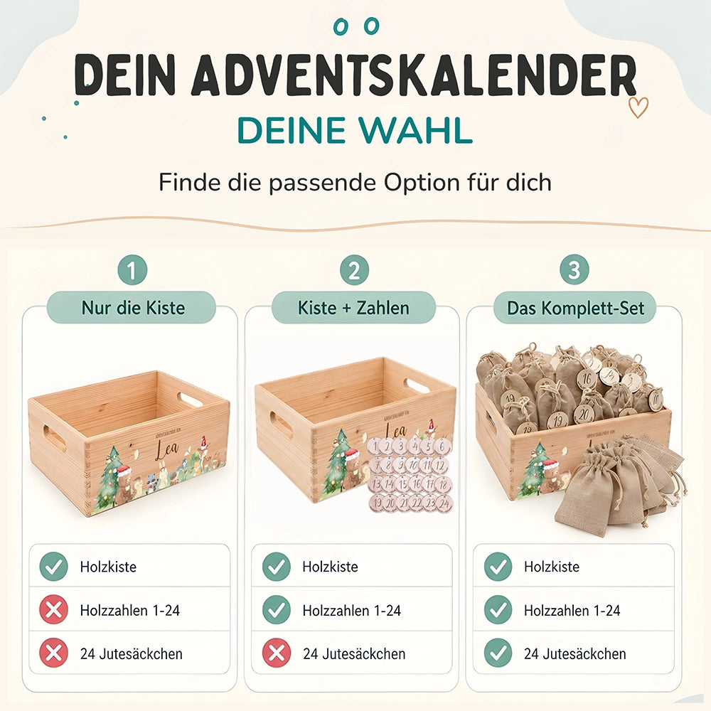 Adventskalender zum Befüllen "Weihnachten mit winterlichen Tierfreunden" personalisiert