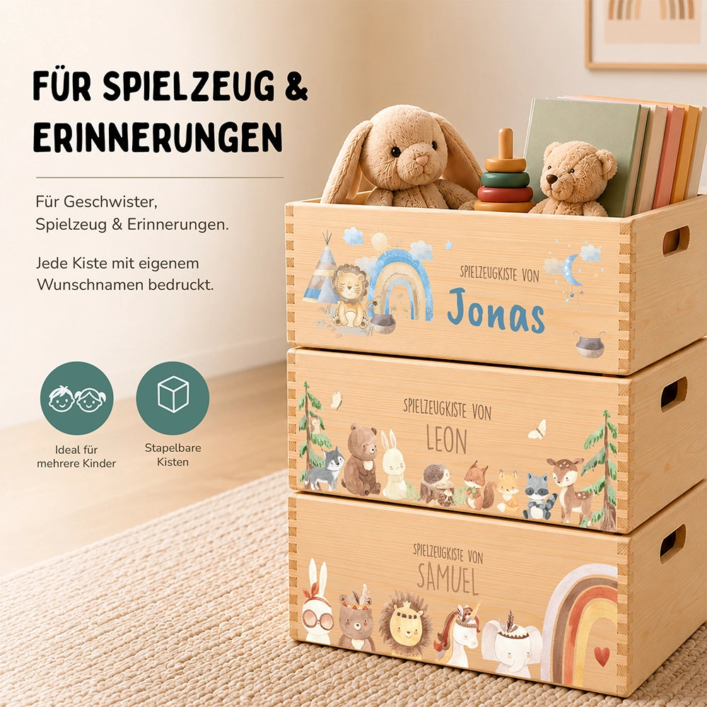 Spielzeugkiste personalisiert mit Namen - Löwe mit Regenbogen