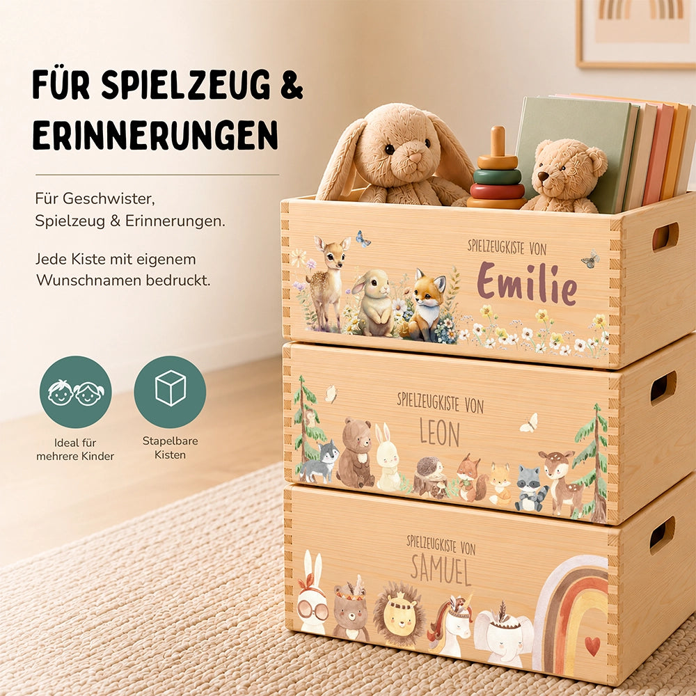 Spielzeugkiste personalisiert mit Namen - Fuchs, Hase und Reh