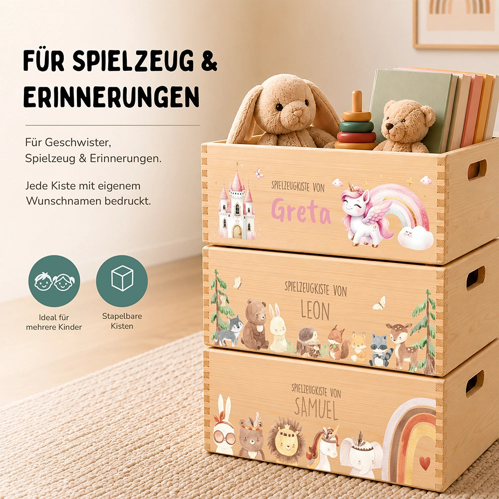 Spielzeugkiste personalisiert mit Namen - Einhorn Zauberwelt