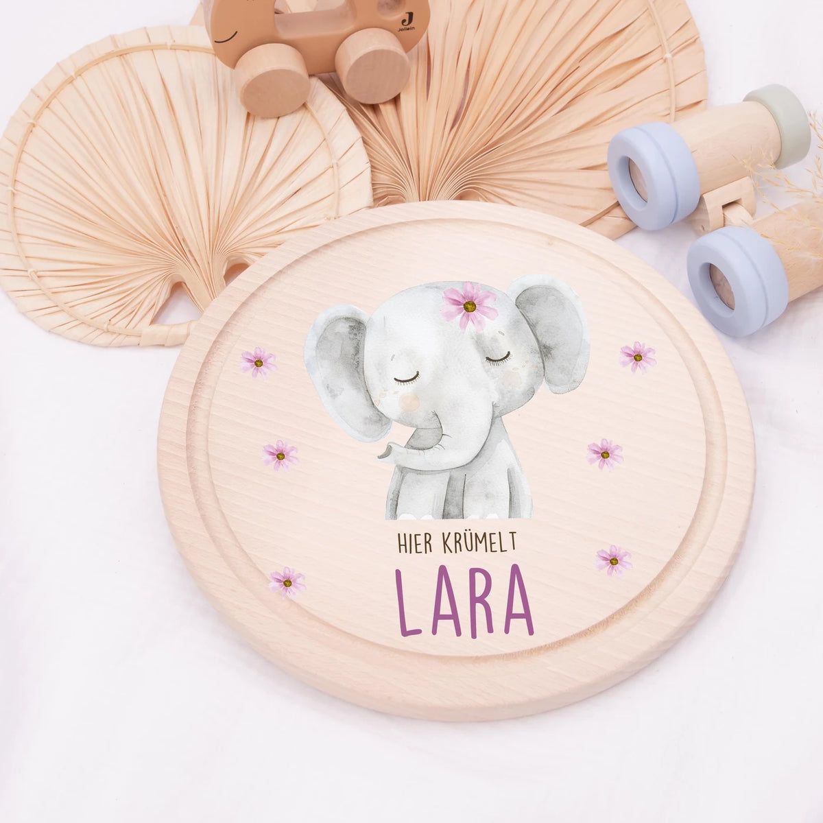 Rundes personalisiertes Frühstücksbrettchen Elefant Pünktchen mit Namen für Kinder