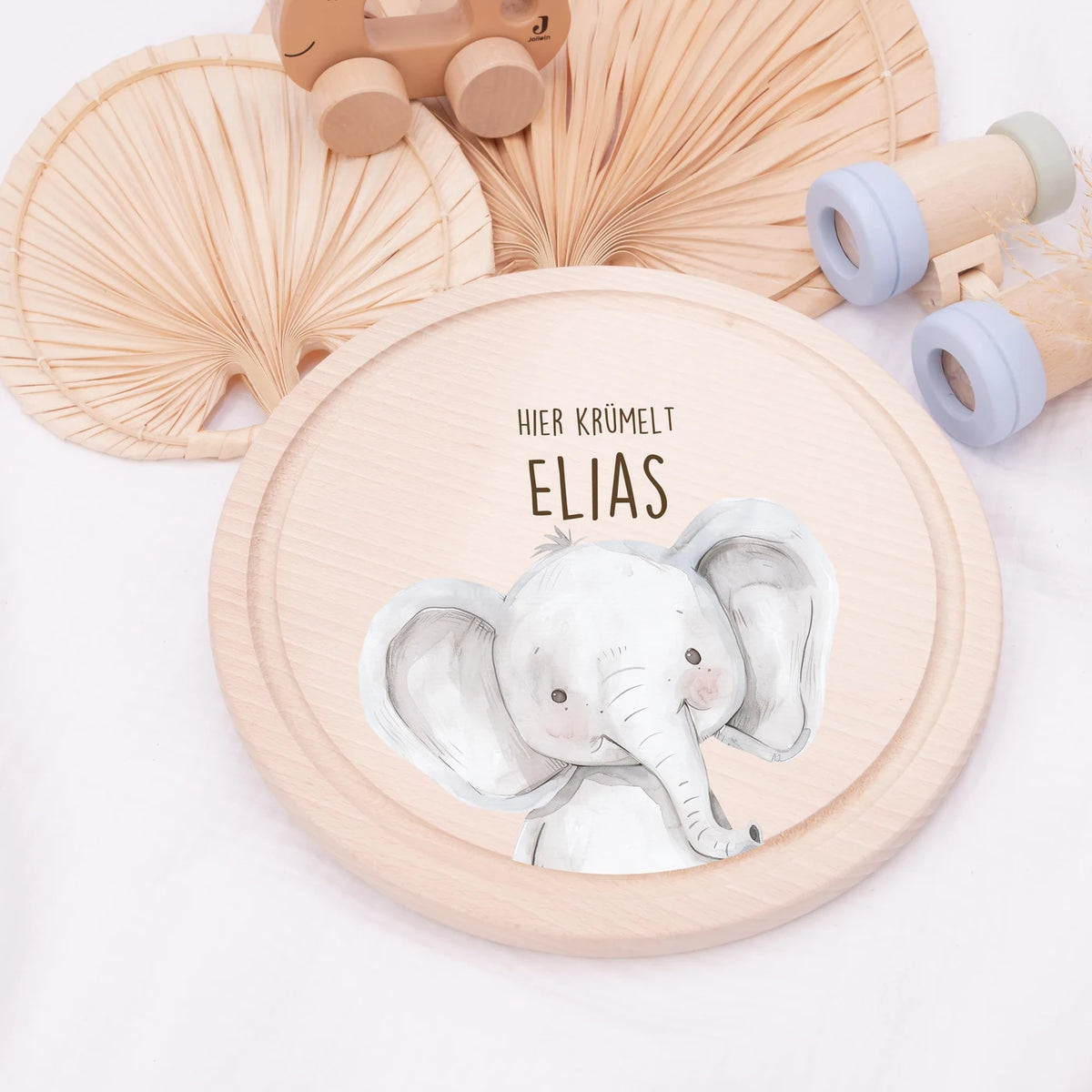 Rundes personalisiertes Frühstücksbrettchen Elefant mit Namen für Kinder