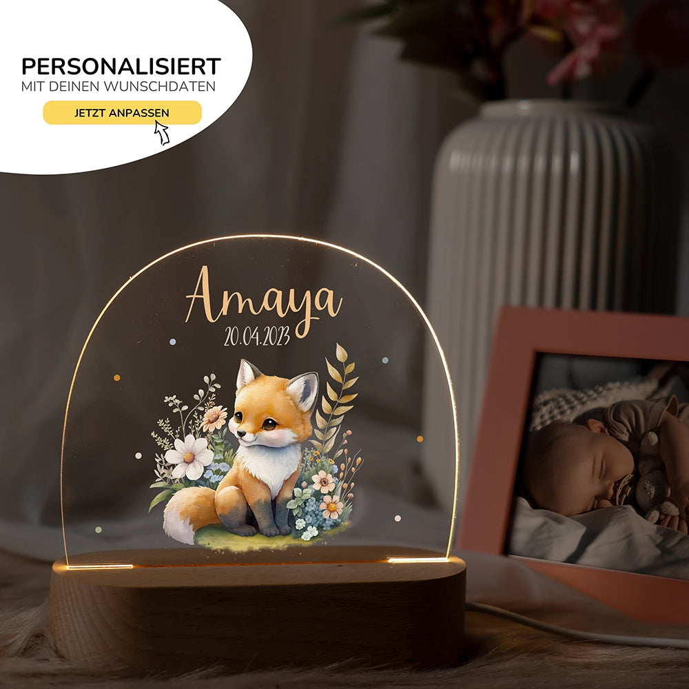 Nachtlicht Fuchs mit Namen im Kinderzimmer – personalisiertes Geschenk zur Geburt