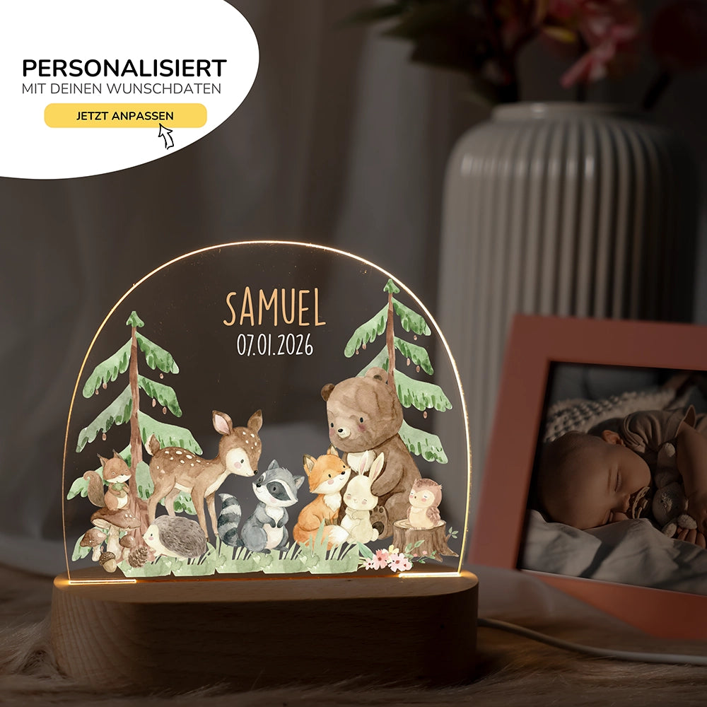 Nachtlicht Waldtiere mit Namen im Kinderzimmer – personalisiertes Geschenk zur Geburt