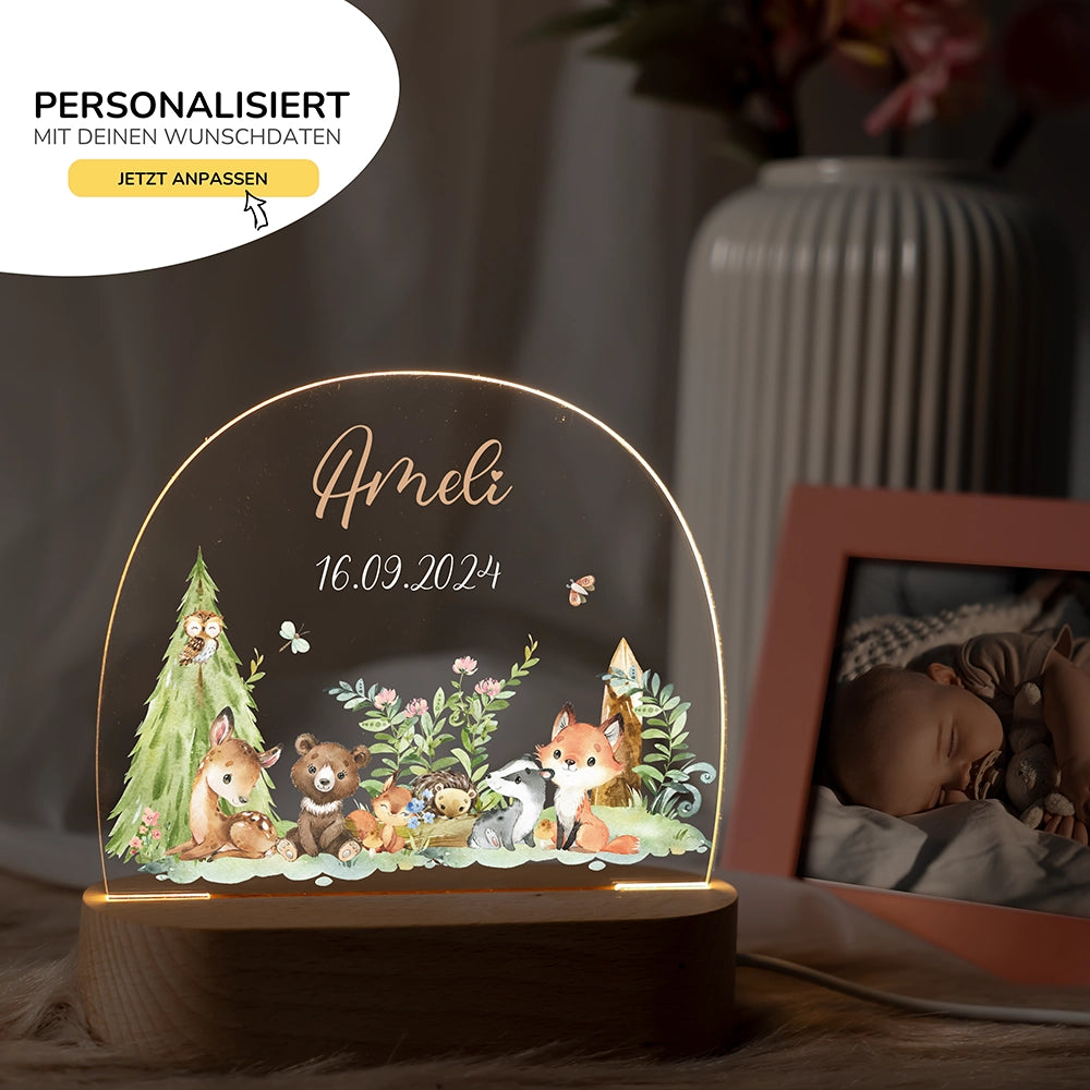 Nachtlicht Waldtiere mit Namen im Kinderzimmer – personalisiertes Geschenk zur Geburt