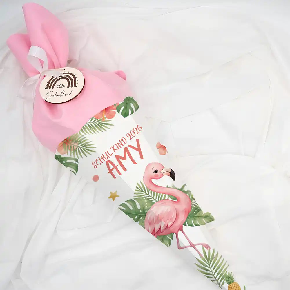 Schultüte personalisiert mit Name Flamingo Tropical – Liegend mit Filzverschluss und Schleife