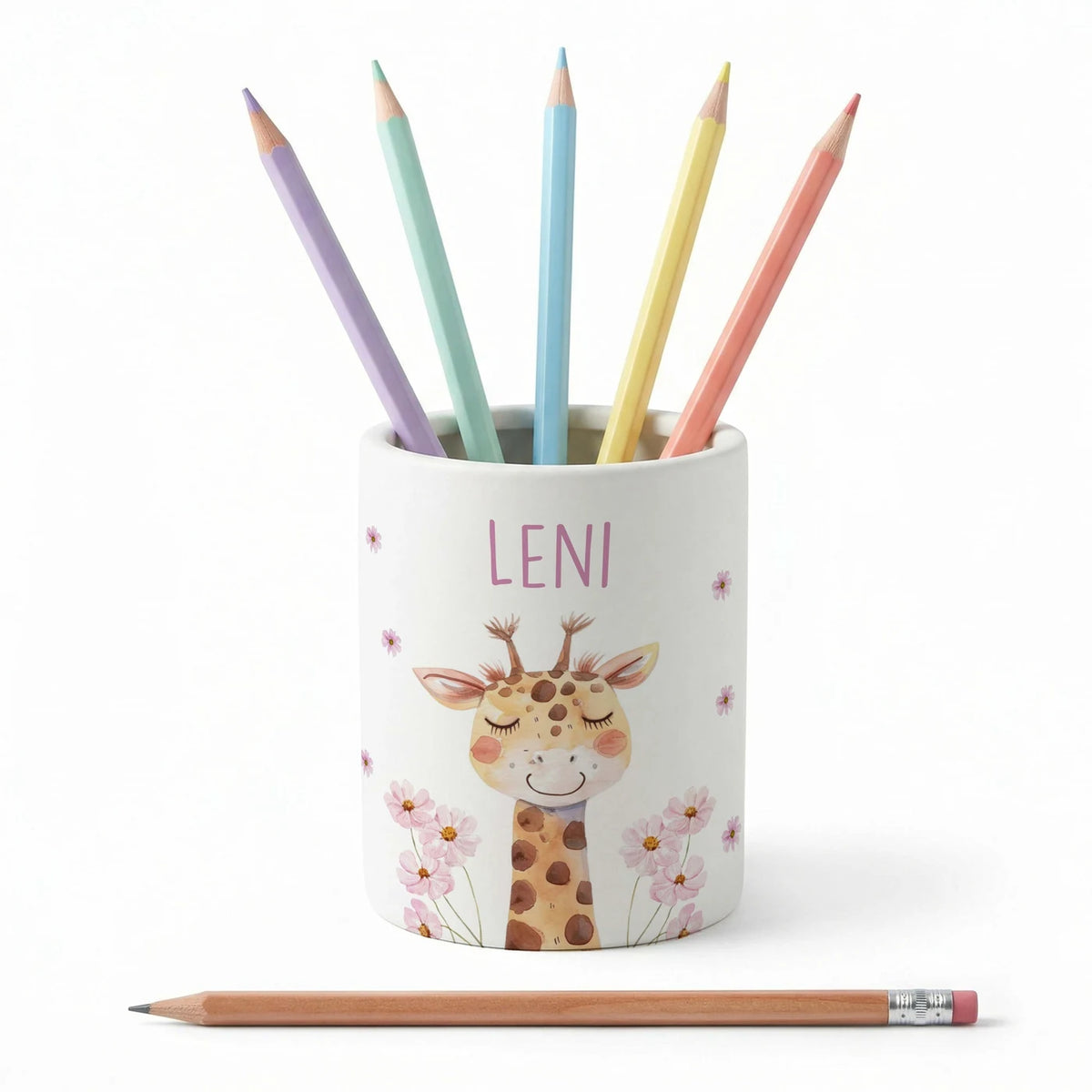 Personalisierter Stiftehalter Giraffe Blumen – Keramik mit Wunschname