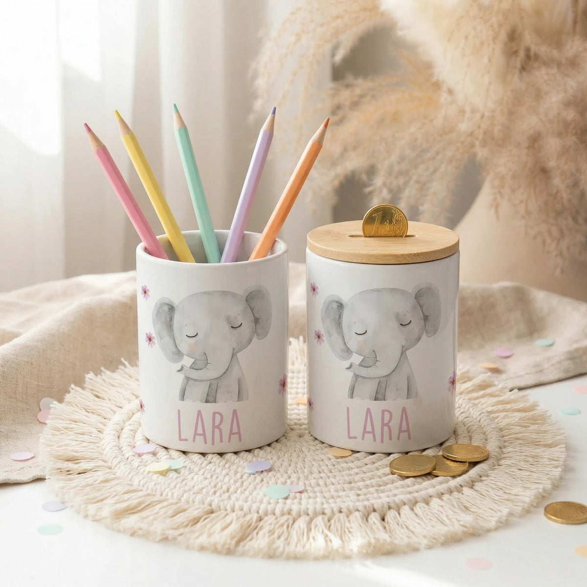 Personalisierte Spardose Elefant Blumen – Keramik & Bambus mit Wunschname