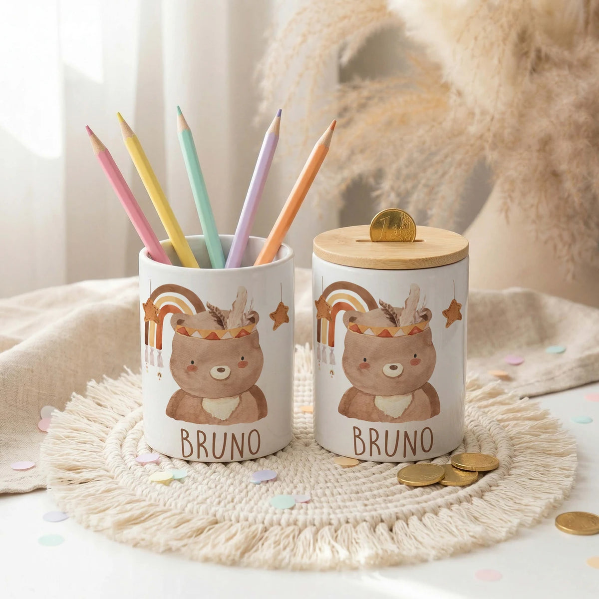 Personalisierte Spardose Boho-Bär – Keramik & Bambus mit Wunschname