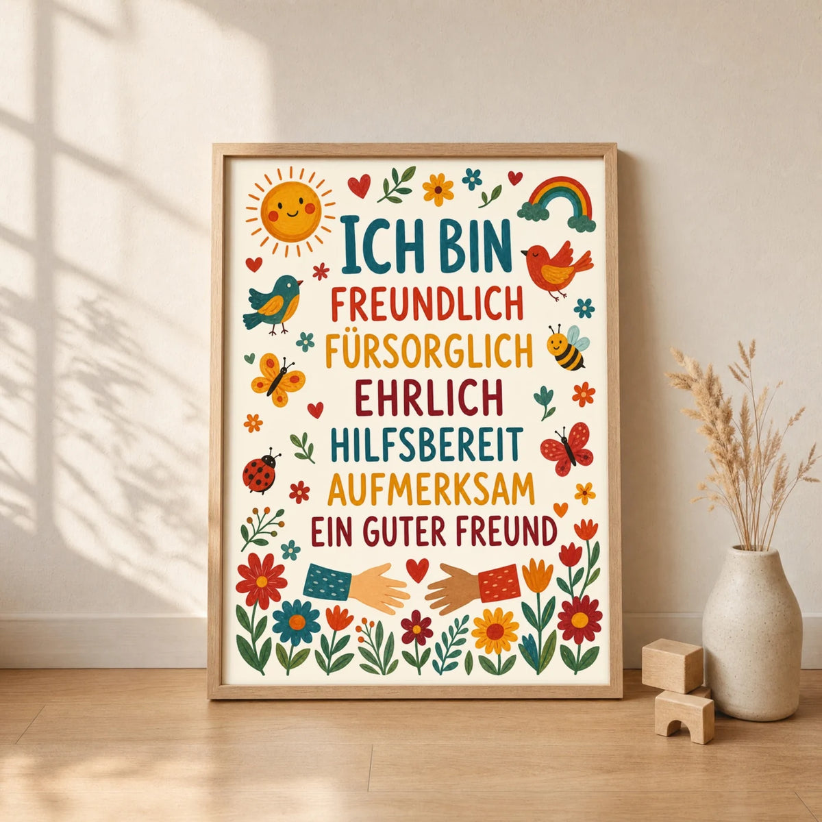Poster mit Sprüchen „Blumen Ich bin freundlich“ im Holzrahmen – Wandbild fürs Kinderzimmer