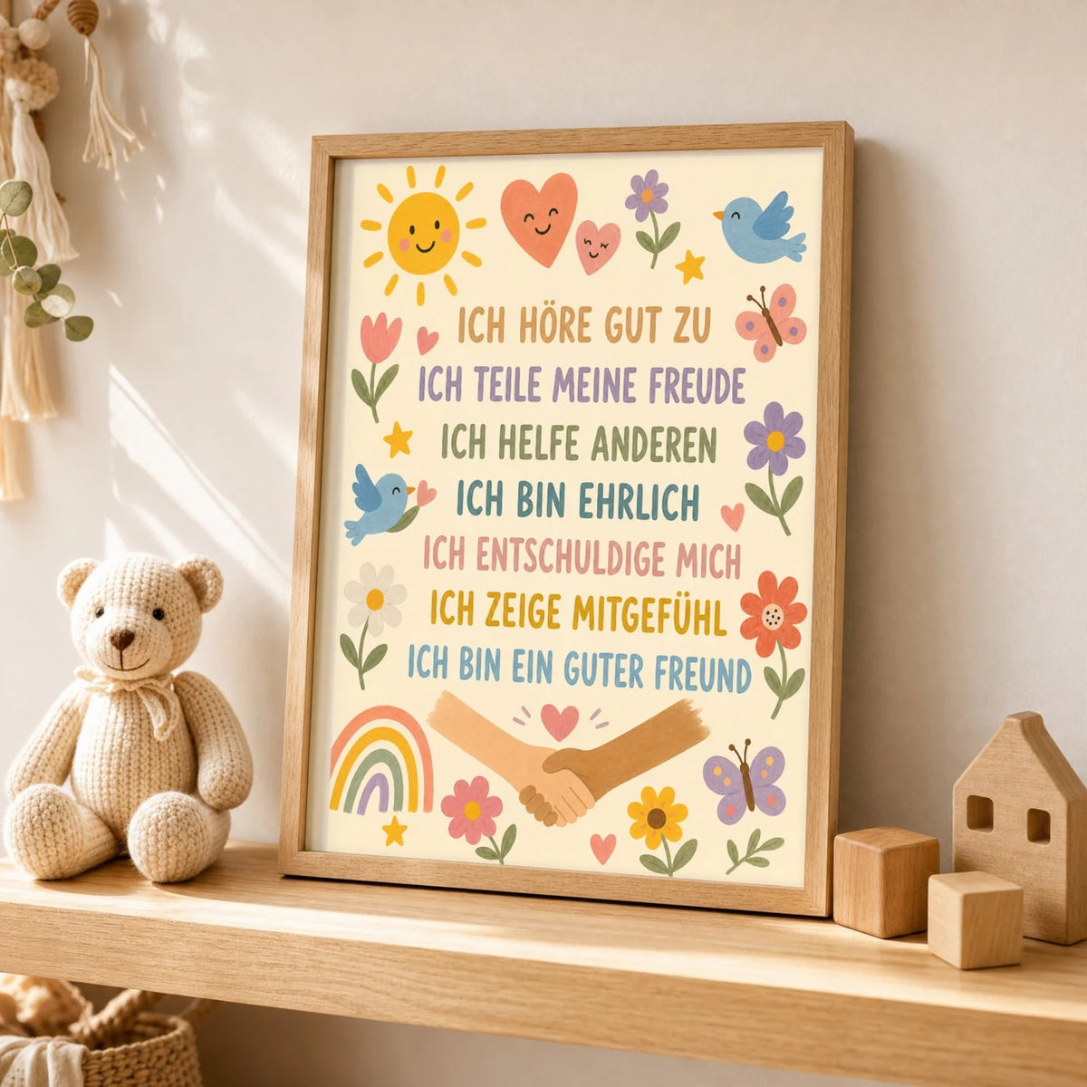 Wandbild Kinderzimmer: Affirmationsposter „Blumenwiese Ich höre zu“ im Holzrahmen über der Kommode