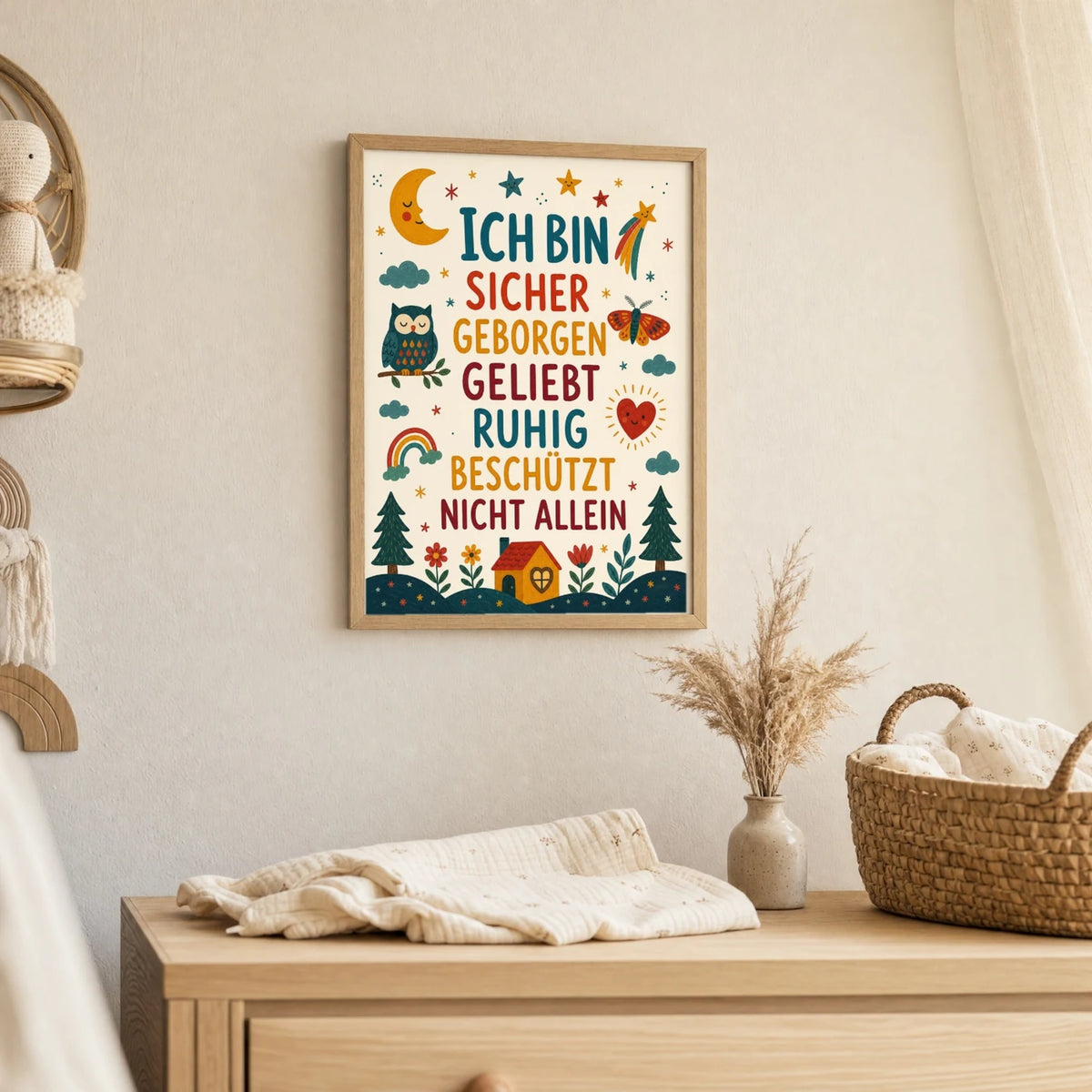 Wandbild Kinderzimmer: Affirmationsposter „Nachthimmel Ich bin sicher“ im Holzrahmen über der Kommode