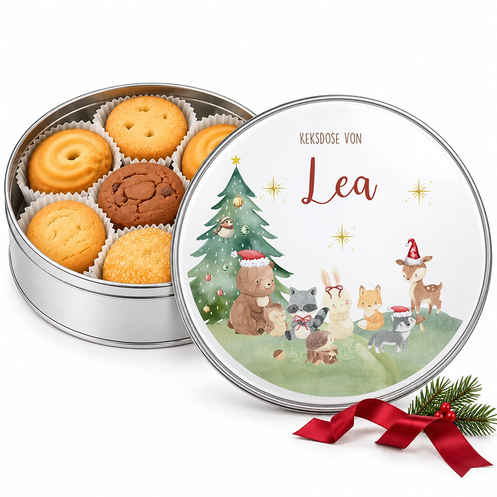 Keksdose aus Metall personalisiert - Kleine Waldbewohner im Weihnachtsglanz