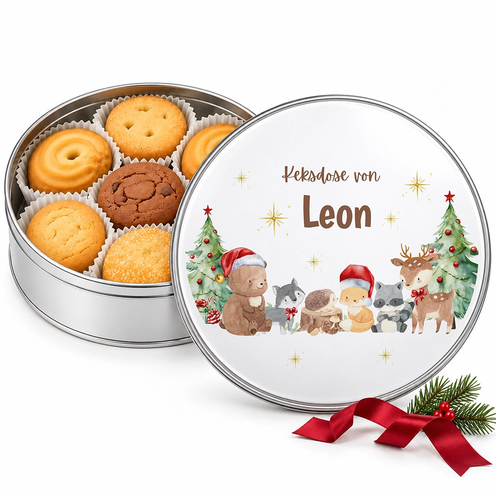Keksdose aus Metall personalisiert - Weihnachtliche Waldtiere