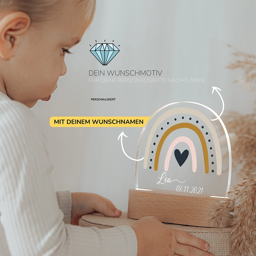Kleinkind mit Nachtlicht Regenbogen mit Wunschnamen – Babygeschenk personalisiert