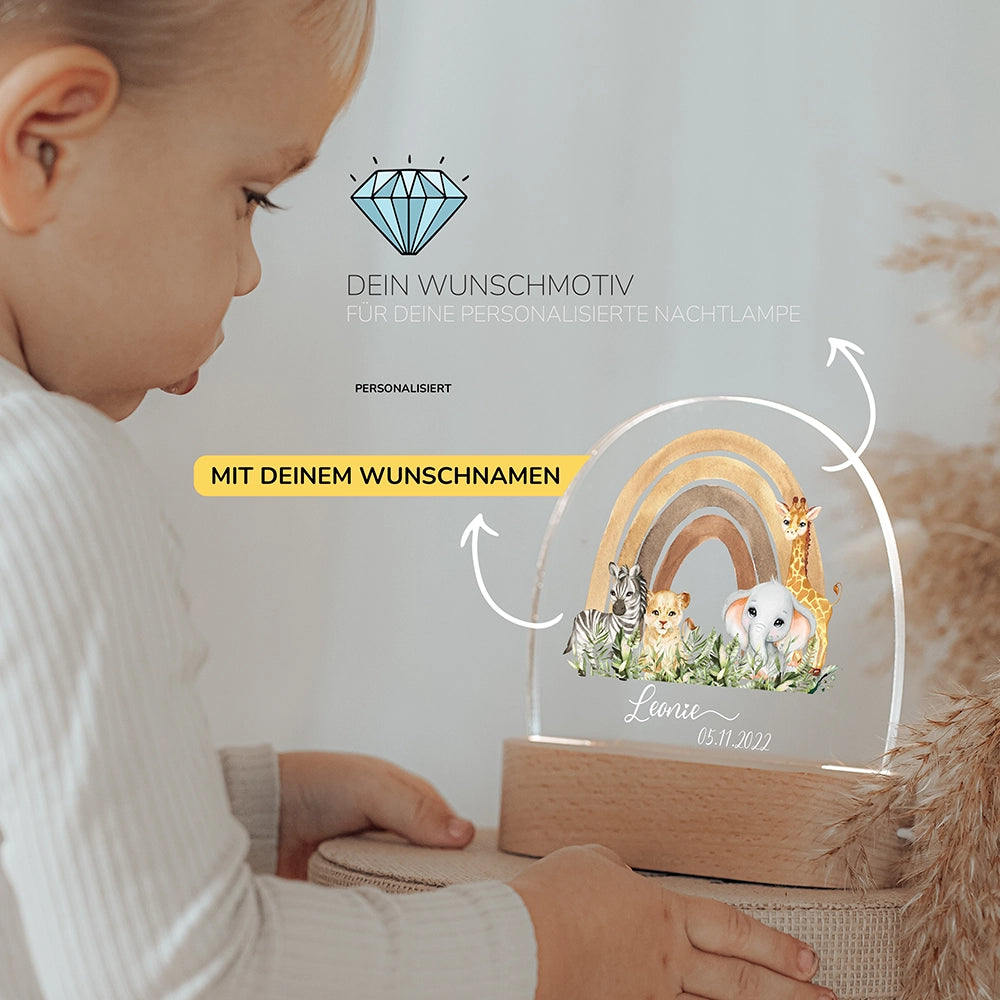 Kleinkind mit Nachtlicht Regenbogen mit Wunschnamen – Babygeschenk personalisiert