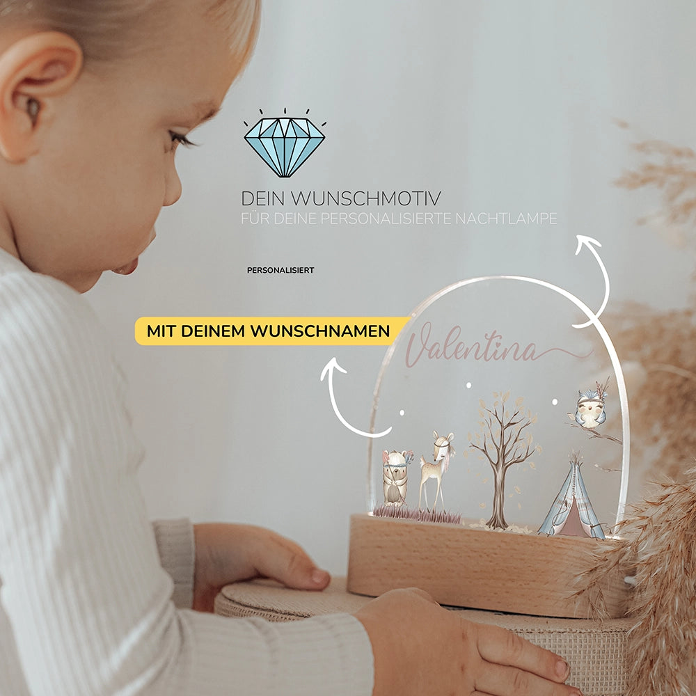 Kleinkind mit Nachtlicht Waldtiere mit Wunschnamen – Babygeschenk personalisiert